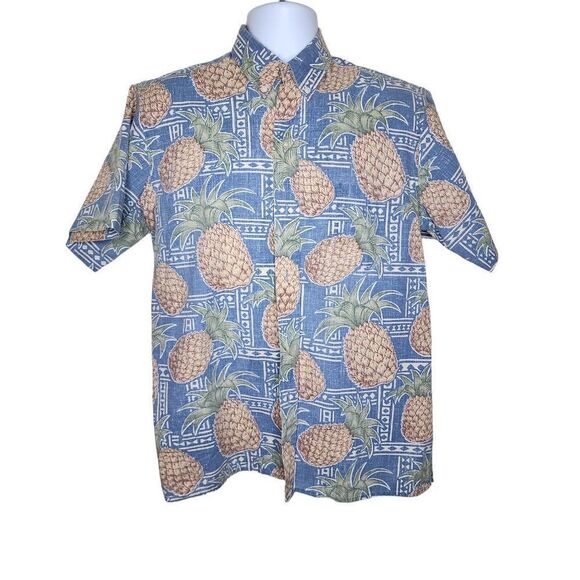 Vintage 90s Reyn Spooner Eddy Hawaiian Aloha Shirt Mens Size M Blue Pineapple - Picture 1 of 4